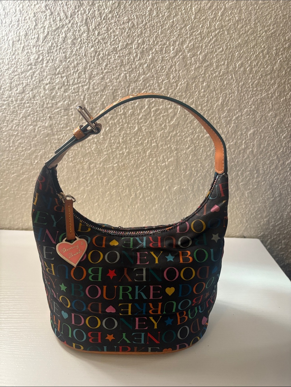 Dooney & Bourke Black Multicolor Logo Shoulder Bag with Heart Charm